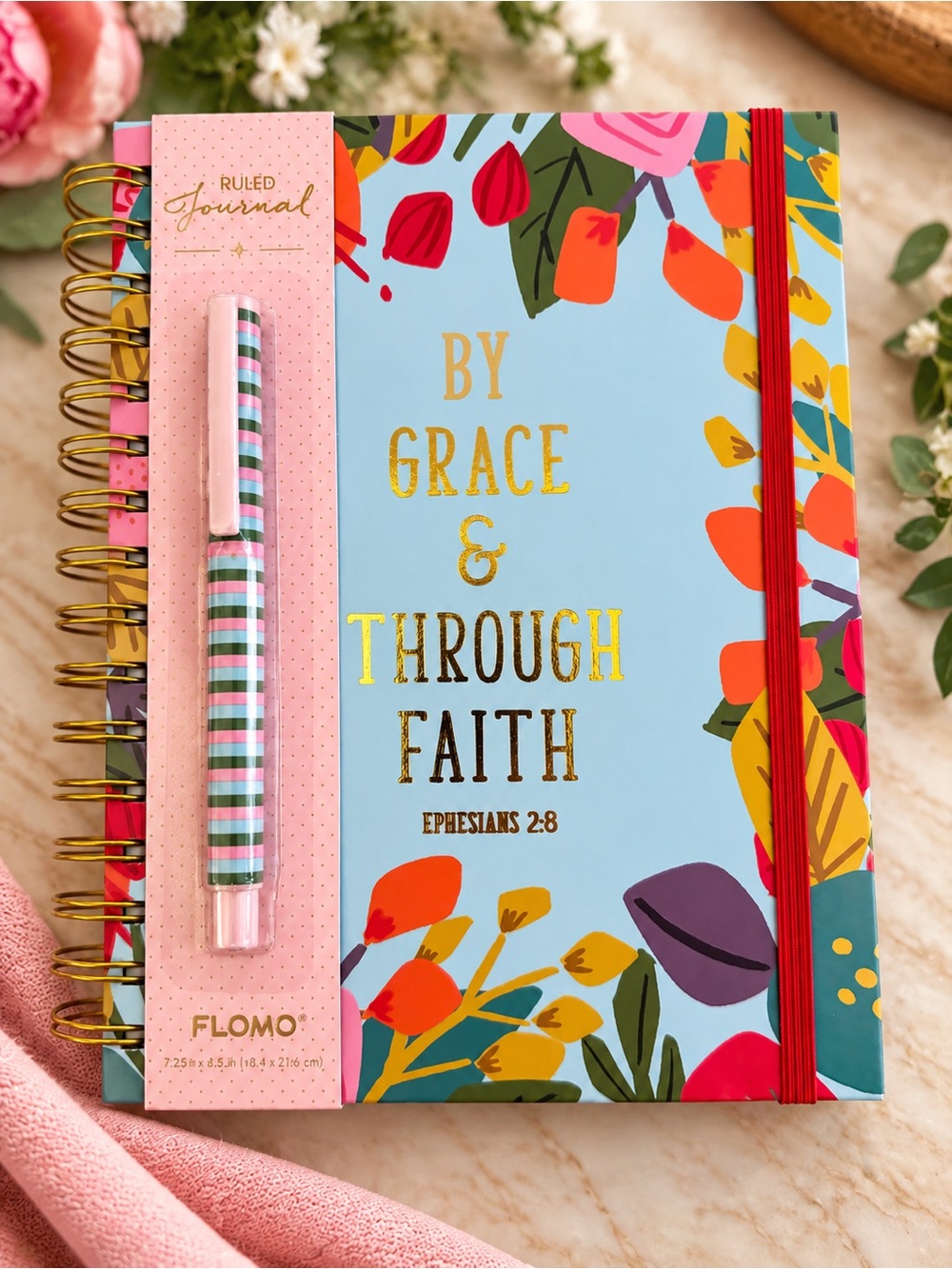 Journal & Pen Set: By Grace & Through Faith Ephesians 2:8 Floral Spiralbound
